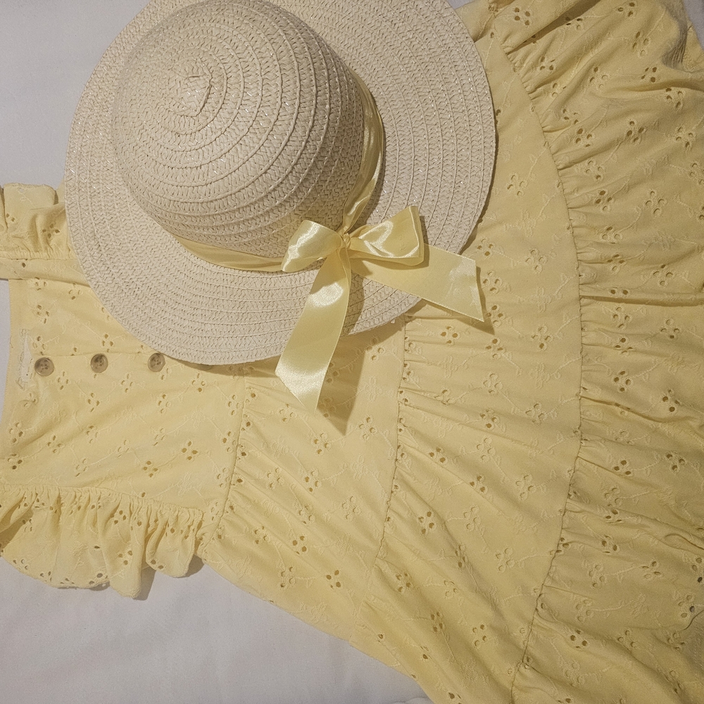 Yellow Eyelet Dress with Straw Hat